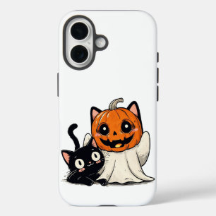 Coques iPhone 16 Fantôme et chat noir portant des masques Halloween