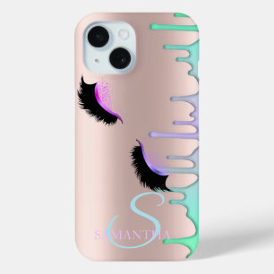 Coque Pour iPhone 15 Faux Cils Arc-en-Ciel Gouttes Rose Gold