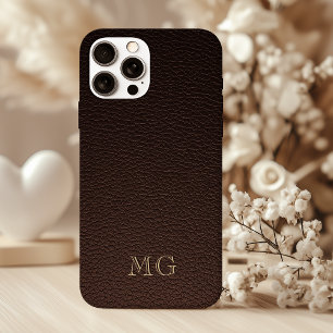 Coques iPhone 16 Faux cuir marron foncé et initiales monogramme dor