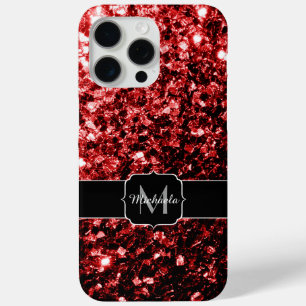 Coque iPhone 15 Pro Max Faux paillettes rouges foncés scintillent Monogram