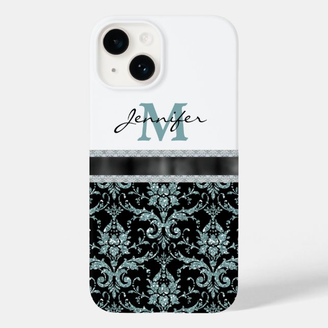 Coques Case-Mate iPhone Faux Parties scintillant Aqua Damask Monogramme (Verso)