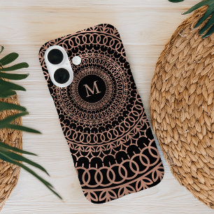 Coques iPhone 16 Faux Rose or & noir complexe Mandala Monogramme