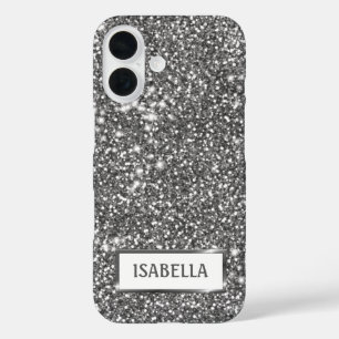 Coques iPhone 16 Faux Silver Parties scintillant Texture Look & Cus