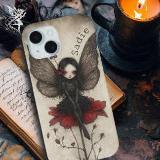 Coque Pour iPhone 15 Fée gothique sur Fleur rouge Personnalisé Imaginai