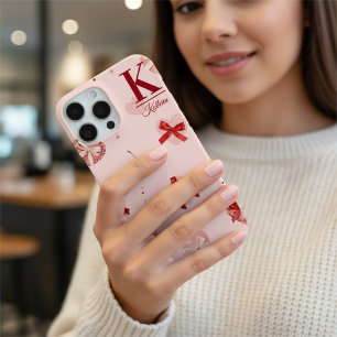 Coques iPhone 16 Pro Max Féminin Rose Coquette Cœurs et Rubans Personnalisé