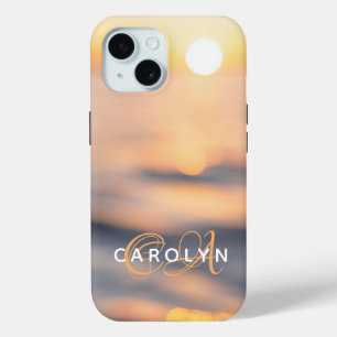 Coque Pour iPhone 15 Feminine Gloden Beach Sunset Nom Monogramme