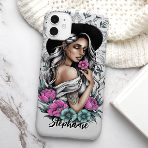 Coque Pour iPhone 15 Femme Boho Style Tatouage avec Fleurs Néon Personn