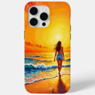 Coque iPhone 15 Pro Max Femme marcher plage de l'océan chaud coucher de so