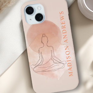 Coque Pour iPhone 15 Femme Méditant en Art de Ligne Minimaliste Aquarel