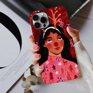 Coque Pour iPhone 14 Femme renne de Noël festif rouge