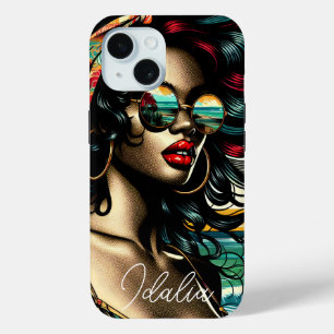 Coque Pour iPhone 15 Femme Rétro sur la Plage Style Bande Dessinée Pop 