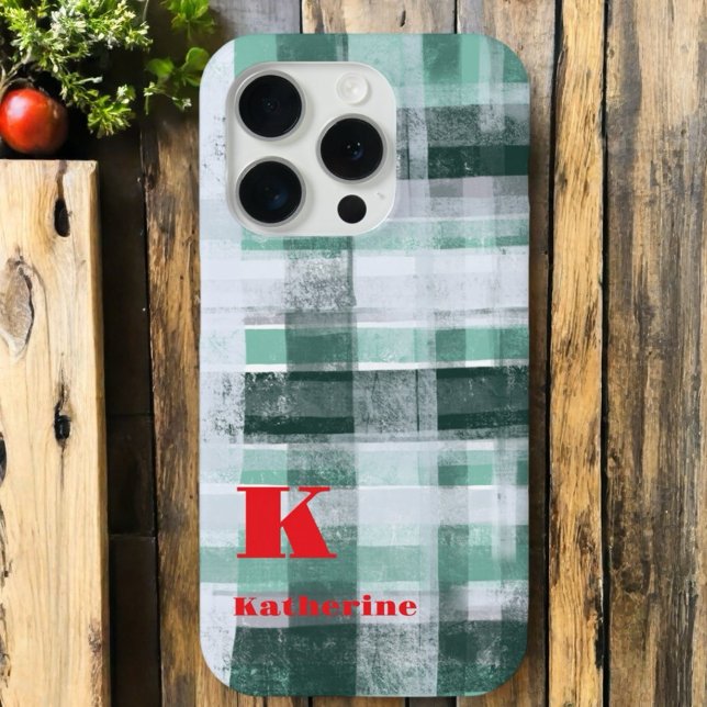 Coques Case-Mate iPhone Festif monogramme plaid tartan vert blanc rouge (Créateur téléchargé)
