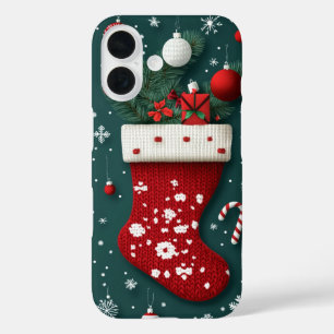 Coques iPhone 16 Festive Knitted Christmas Stocking rouge vert