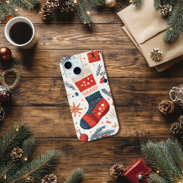 Coque Pour iPhone 15 Festive Rouge bleu Noël Stocking