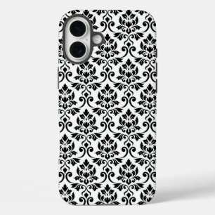 Coques iPhone 16 Plus Feuille Damask Patte noir sur blanc