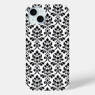 Coque iPhone 15 Mini Feuille Damask Patte noir sur blanc
