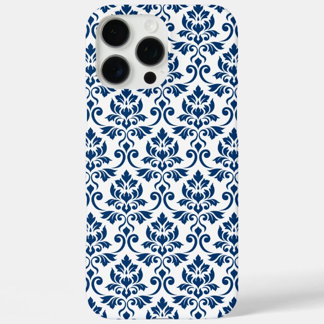 Coques Case-Mate iPhone Feuille Damask Pattern bleu foncé sur blanc (Verso)