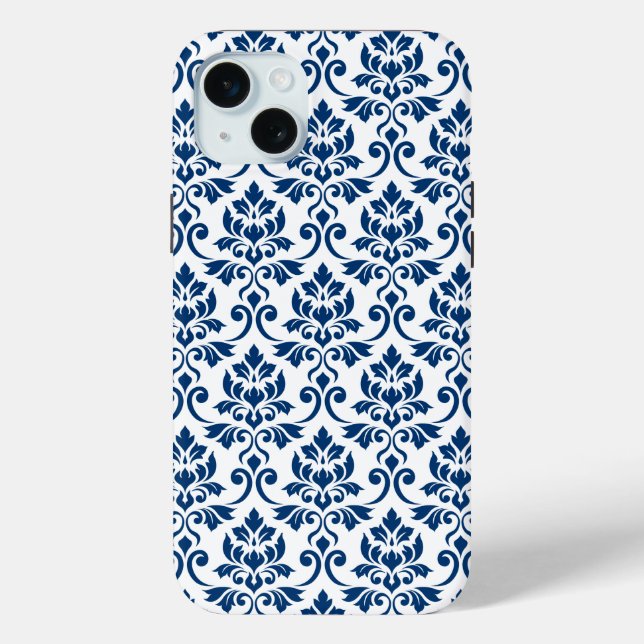 Coques Case-Mate iPhone Feuille Damask Pattern bleu foncé sur blanc (Verso)