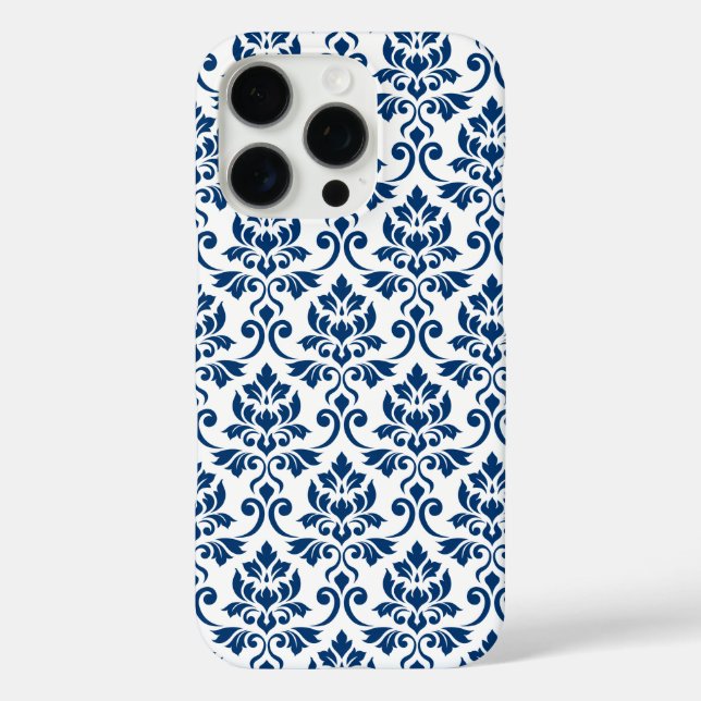 Coques Case-Mate iPhone Feuille Damask Pattern bleu foncé sur blanc (Verso)