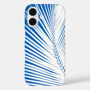Coques iPhone 16 Feuille de palme - blanc sur bleu cobalt