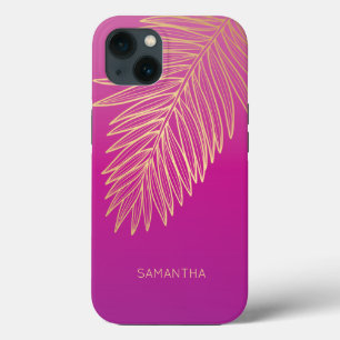 Case-Mate iPhone Case Feuille de palme d'or tropicale, Votre Nom, Magent