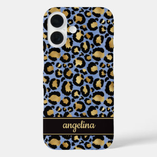 Coques iPhone 16 Feuille d'Or sur Imprimé Léopard Bleu Monogrammé