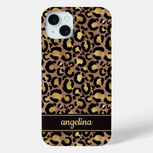 Coque iPhone 15 Mini Feuille d'Or sur Imprimé Léopard Brun Monogrammé