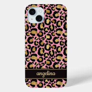 Coque iPhone 15 Mini Feuille d'Or sur Imprimé Léopard Rose Monogrammé