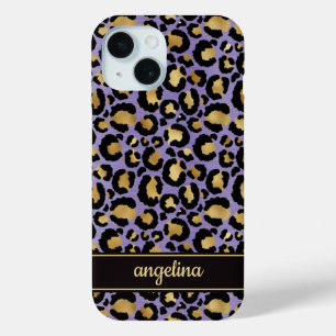 Coque Pour iPhone 15 Feuille d'Or sur Imprimé Léopard Violet Monogrammé