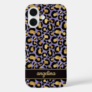 Coques iPhone 16 Feuille d'Or sur Imprimé Léopard Violet Monogrammé