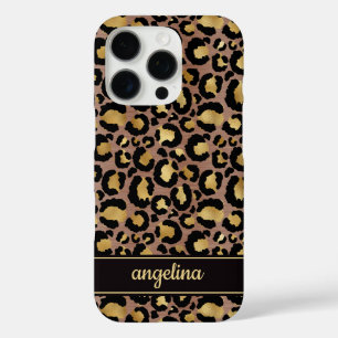 Coques iPhone 16 Pro Feuille d'Or sur Monogramme Imprimé Léopard Brun