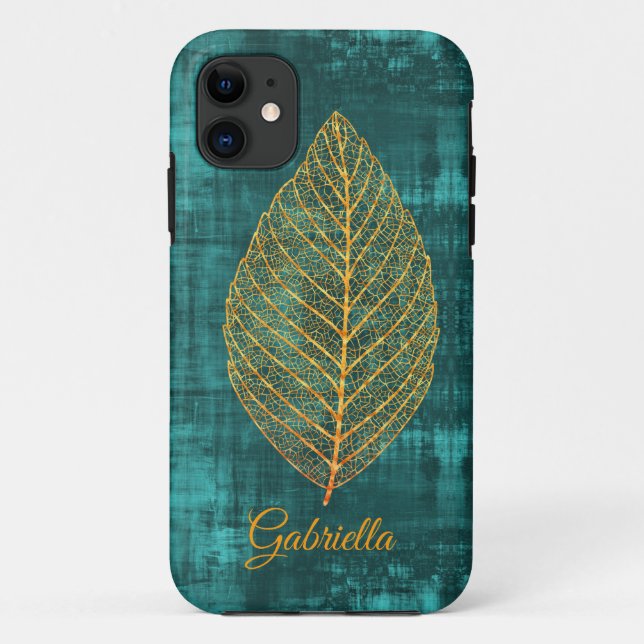 Coques Case-Mate iPhone Feuille d'or sur satin vert Turquoise -*personnali (Dos)