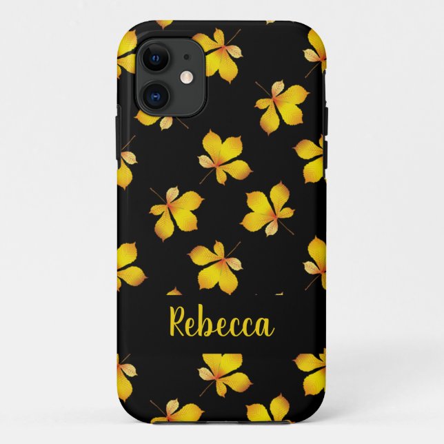 Coques Case-Mate iPhone Feuille sec jaune nom personnalisé noir (Dos)
