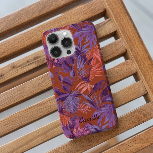 Coques Case-Mate iPhone Feuille tropicale moderne rouge pourpre (Modern Jungle Tropical Palm Leaf Red Purple Personalized Case-Mate iPhone Case)
