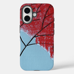 Coques iPhone 16 Feuilles d'arbre rouges abstraites sur fond bleu