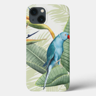 Etui iPhone 13 Feuilles De Palme Avec Oiseau Bleu