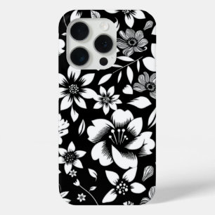 Coque iPhone 15 Pro Feuilles floraux modernes en noir blanc