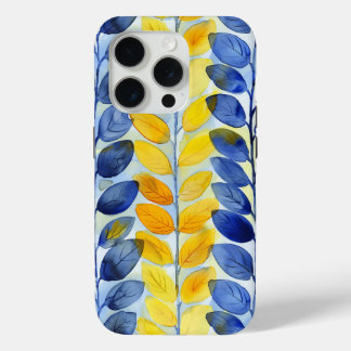 Coque iPhone 15 Pro Feuilles Jaunes et Bleues