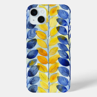 Coque iPhone 15 Mini Feuilles jaunes et bleues