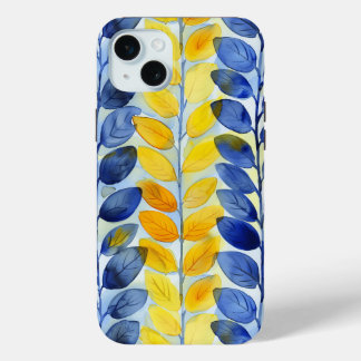 Coque iPhone 15 Mini Feuilles jaunes et bleues