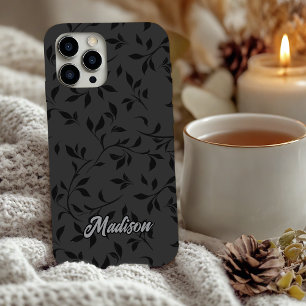 Coques iPhone 16 Feuilles noires élégantes monogramme gris