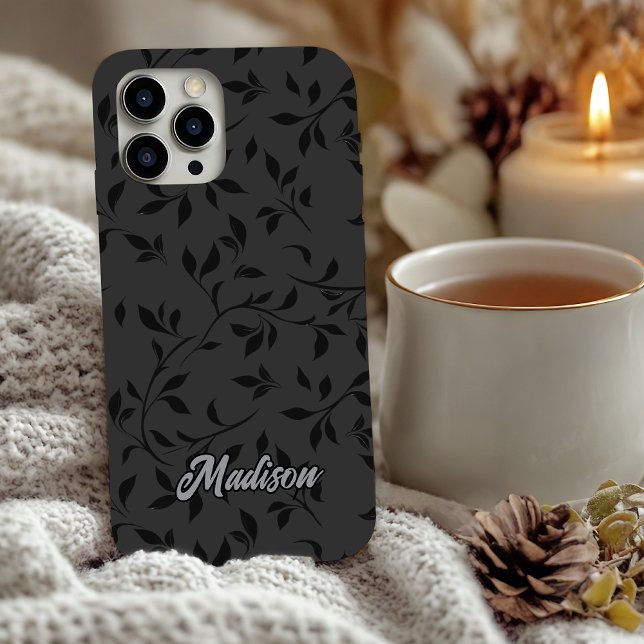 Coques Case-Mate iPhone Feuilles noires élégantes monogramme gris  (Créateur téléchargé)