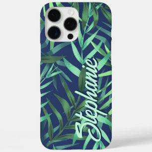 Coques iPhone 16 Pro Max Feuilles Tropical Vert Et Bleu Nom Personnalisé
