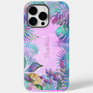 Coque Pour Pour iPhone 14 Pro Max Feuilles tropicales iridescentes, nom étoiles blan