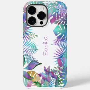 Coque Pour Pour iPhone 14 Pro Max Feuilles tropicales iridescentes, nom violet, blan