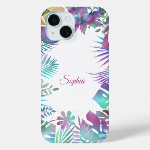 Coque Pour iPhone 15 Feuilles tropicales, nom en script sur fond blanc