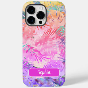 Coque Pour Pour iPhone 14 Pro Max Feuilles tropicales rose violet or sarcelle, nom m