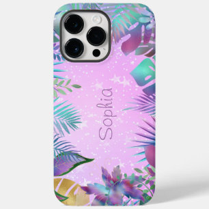 Coque Pour Pour iPhone 14 Pro Max Feuilles Tropicaux Iridescendant, Nom Étoiles Blan