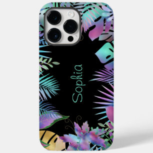 Coque Pour Pour iPhone 14 Pro Max Feuilles tropicaux Iridescendant, Nom Turquoise cl