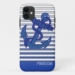 Coque iPhone 11 Fille Ancre Nautique Bateau à voile Ombre Stripes